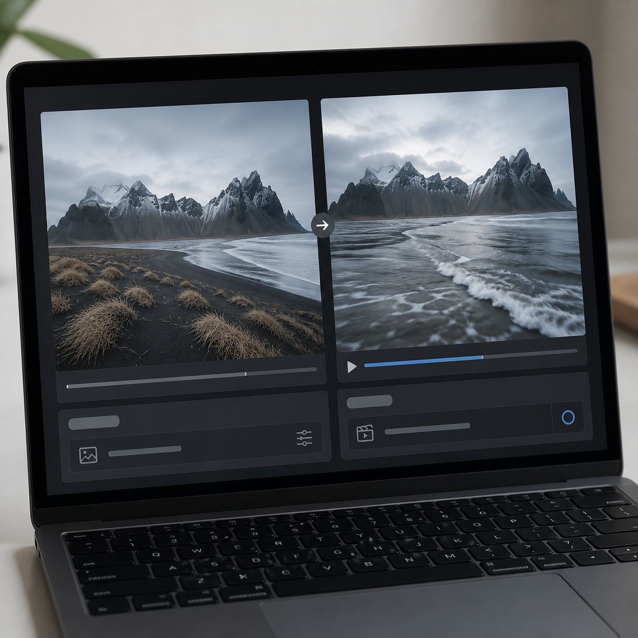 A laptop screen with an image-to-video AI interface comparing a still image and motion preview.