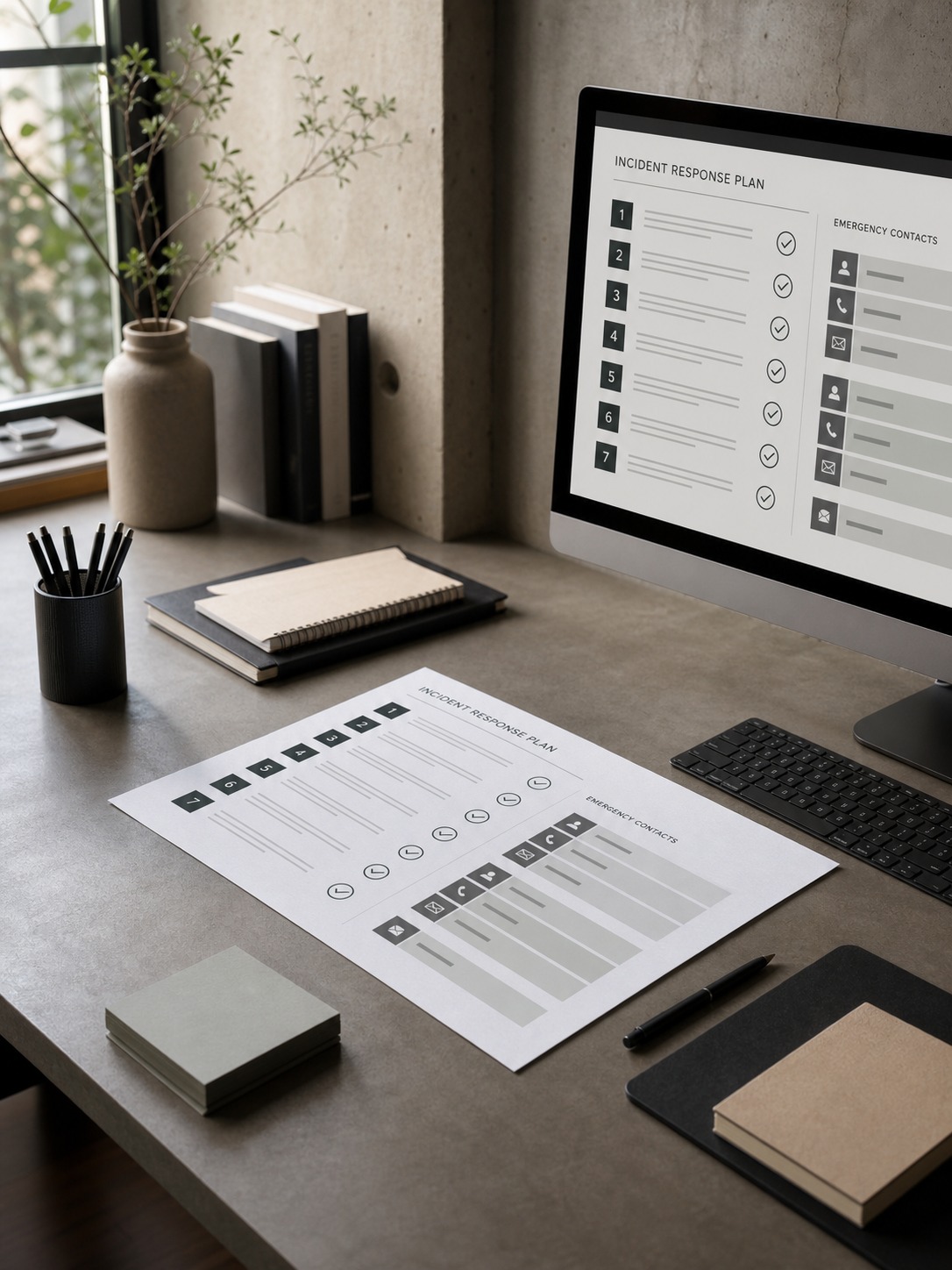 Studio desk with a printed incident response plan beside the same plan on a monitor.