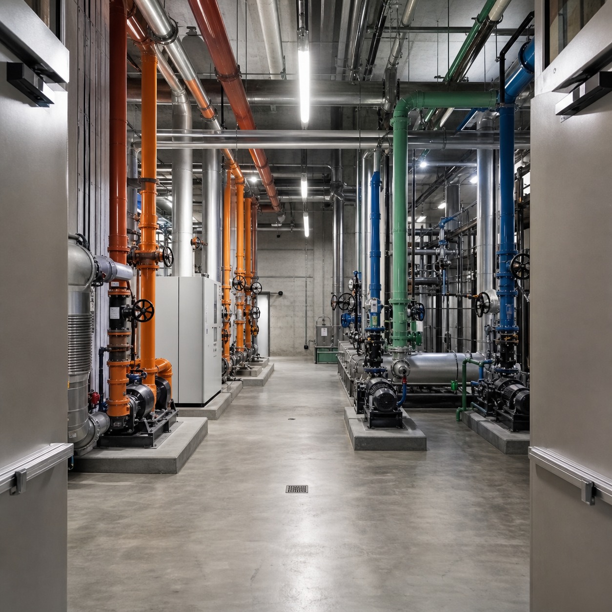 Industrial mechanical room with organized pipe runs Industrial mechanical room with organized pipe runs | Sky Rye Design Industrial mechanical room with organized pipe runs