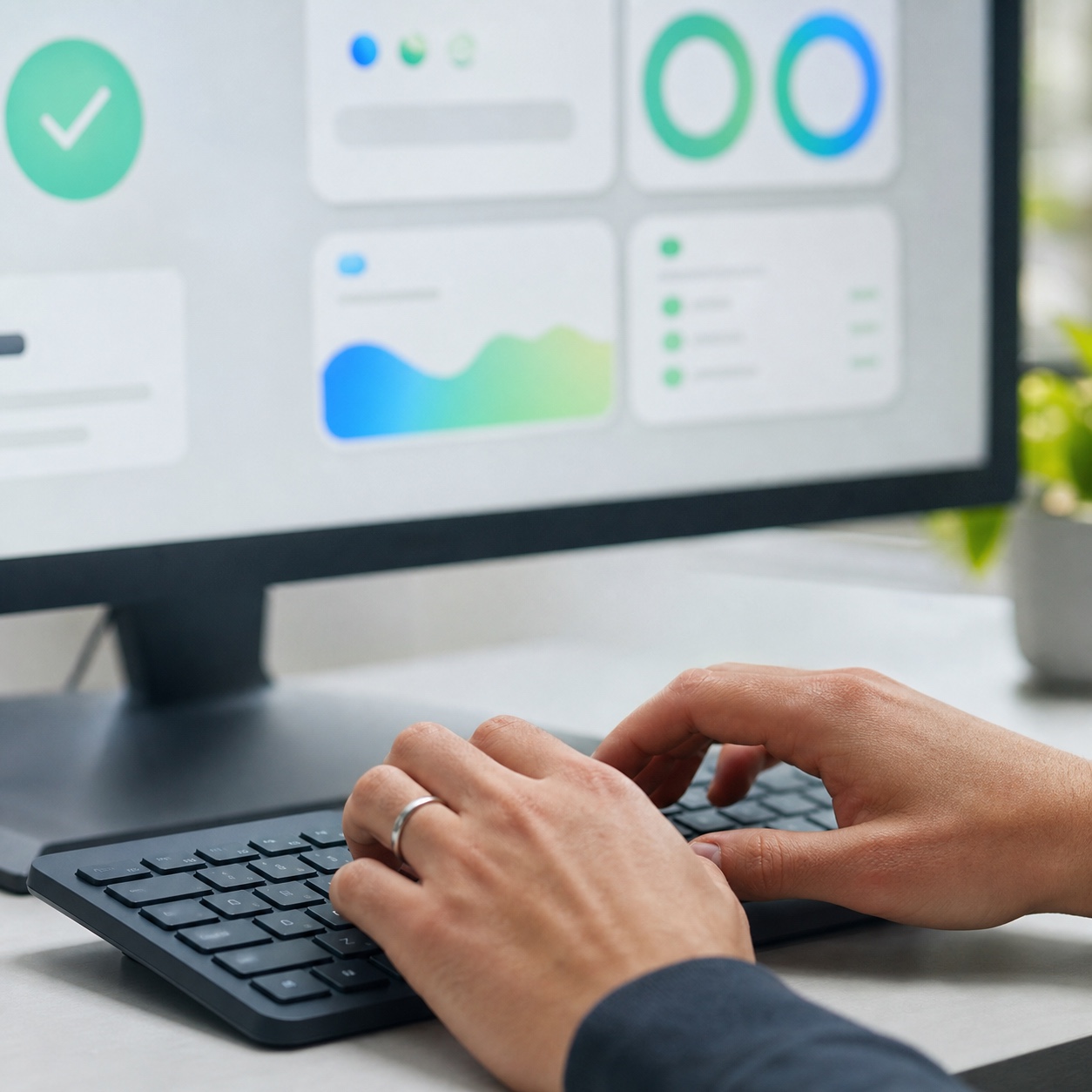 Infrastructure health check in a design studio A designer typing on a minimalist keyboard with an infrastructure health check summary on a monitor behind. | Sky Rye Design A designer typing on a minimalist keyboard with an infrastructure health check summary on a monitor behind.