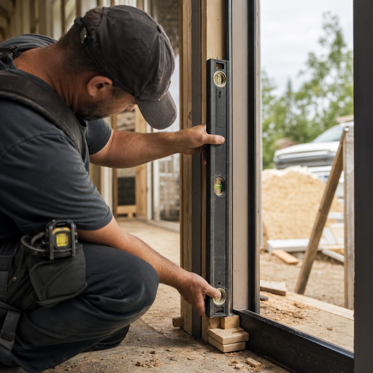 Installer setting a front door plumb Installer holding a level against a front door frame during installation with shims visible at the base. | Sky Rye Design Installer holding a level against a front door frame during installation with shims visible at the base.