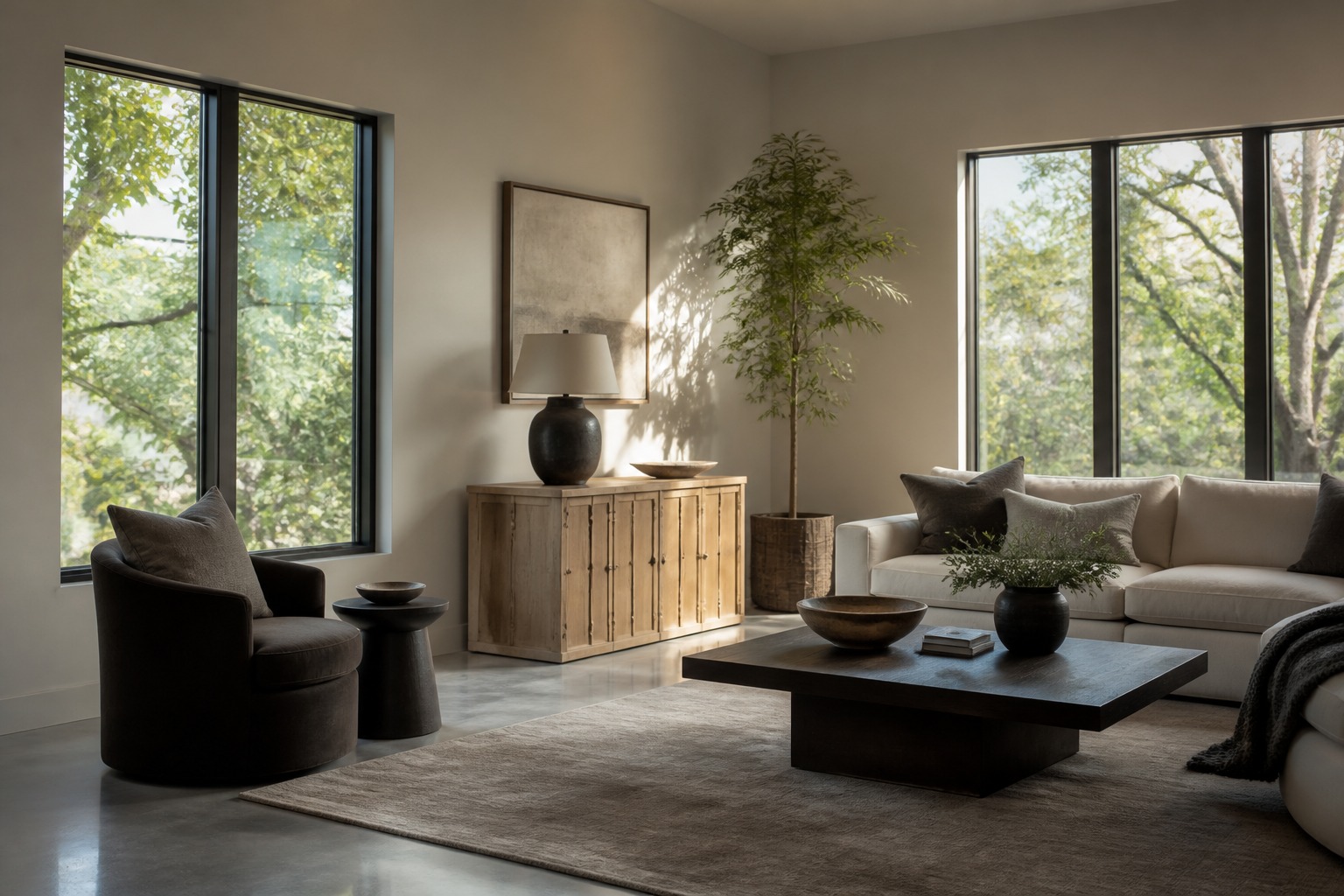 Interior slim window casing with natural light Living room with slim window casing and soft daylight across a neutral wall. | Sky Rye Design Living room with slim window casing and soft daylight across a neutral wall.