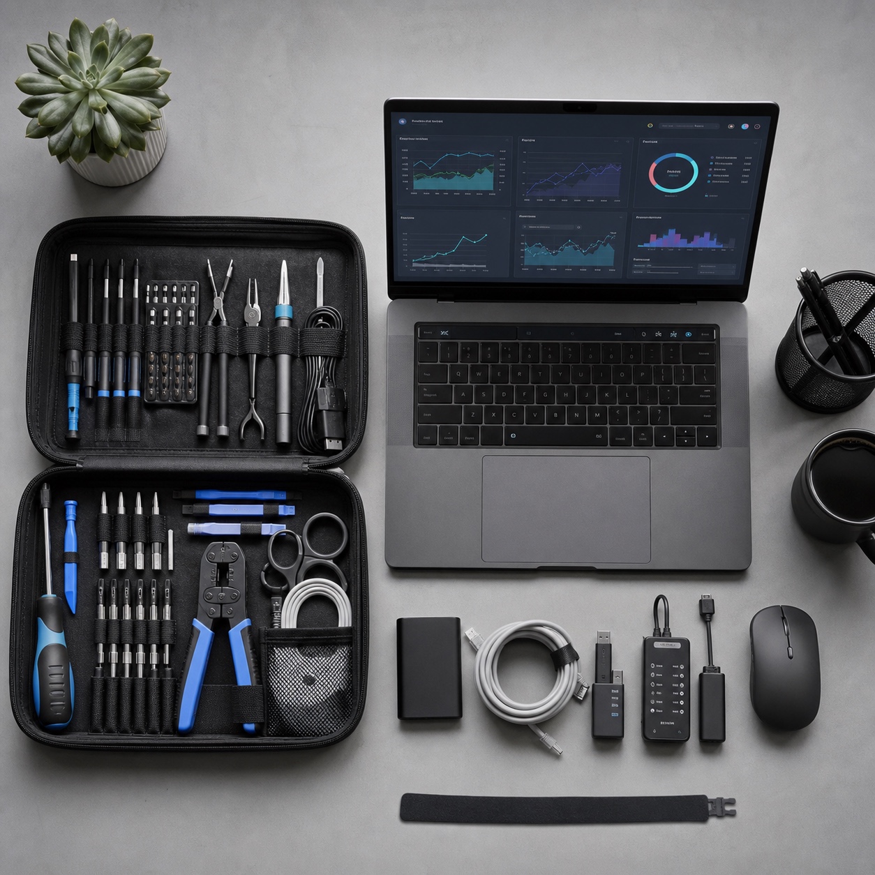 Organized IT toolkit beside a laptop showing a network diagnostics dashboard