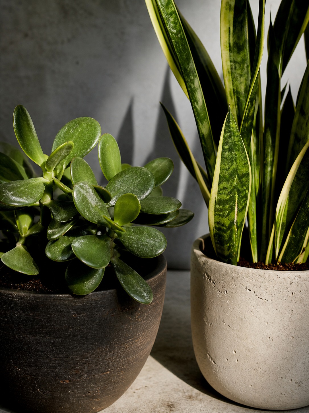 Jade plant and snake plant leaf contrast Rounded jade plant leaves beside the sharp upright leaves of a snake plant on a concrete surface. | Sky Rye Design Rounded jade plant leaves beside the sharp upright leaves of a snake plant on a concrete surface.