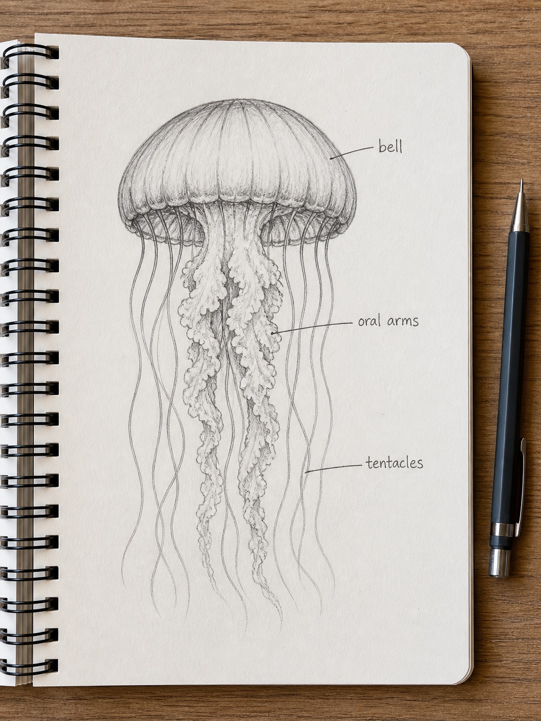 Jellyfish anatomy pencil diagram Pencil anatomy diagram showing the jellyfish bell, oral arms, and tentacles. | Sky Rye Design Pencil anatomy diagram showing the jellyfish bell, oral arms, and tentacles.