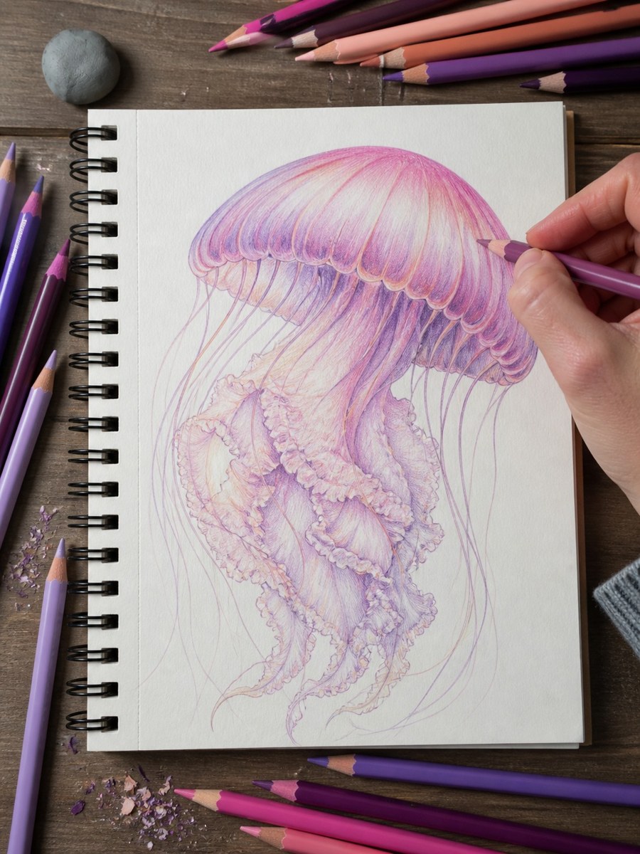 Jellyfish colored pencil layering Colored pencil layers adding pale pink and lavender tones to a jellyfish bell drawing. | Sky Rye Design Colored pencil layers adding pale pink and lavender tones to a jellyfish bell drawing.