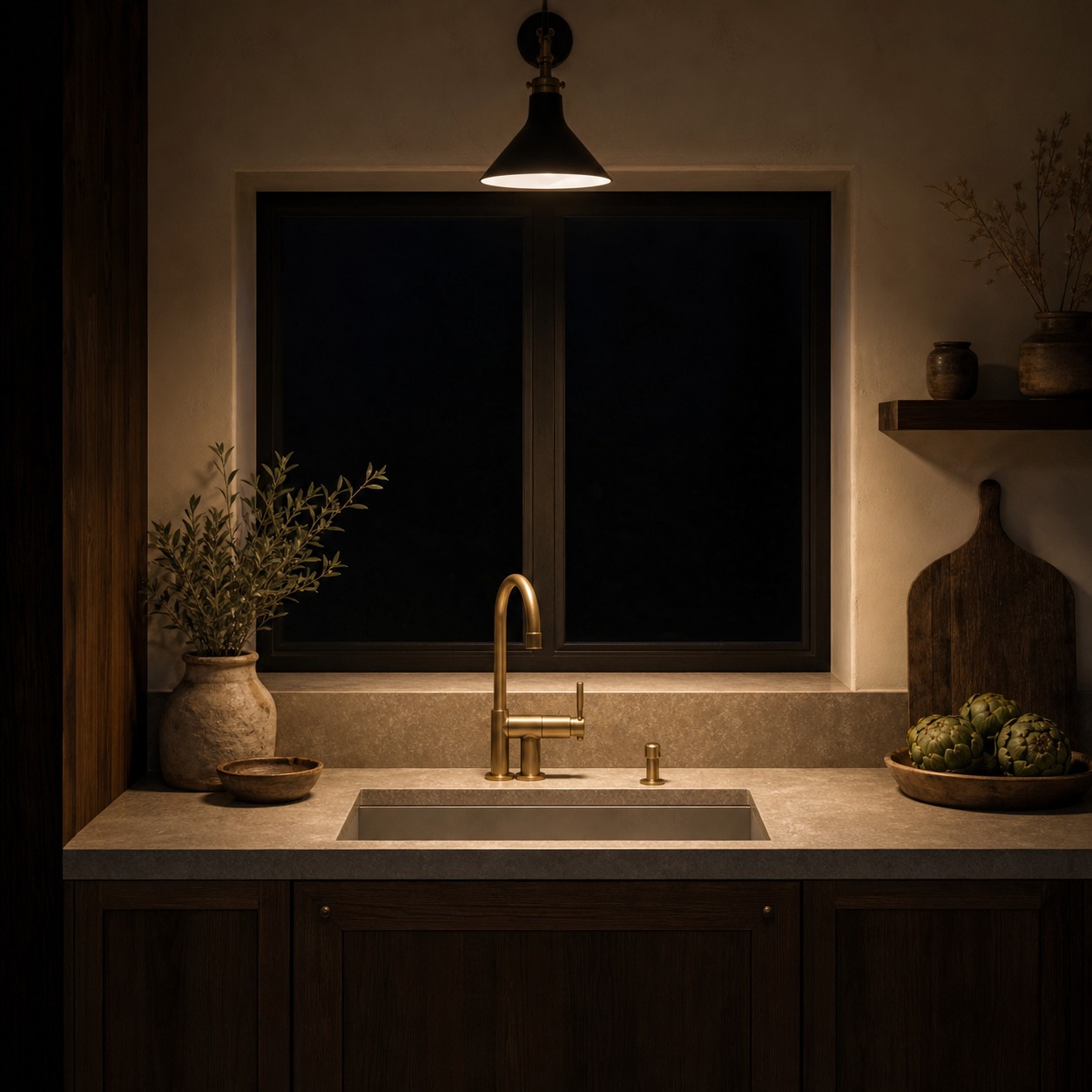 Kitchen sink with focused evening task light kitchen sink with focused evening task light | Sky Rye Design kitchen sink with focused evening task light