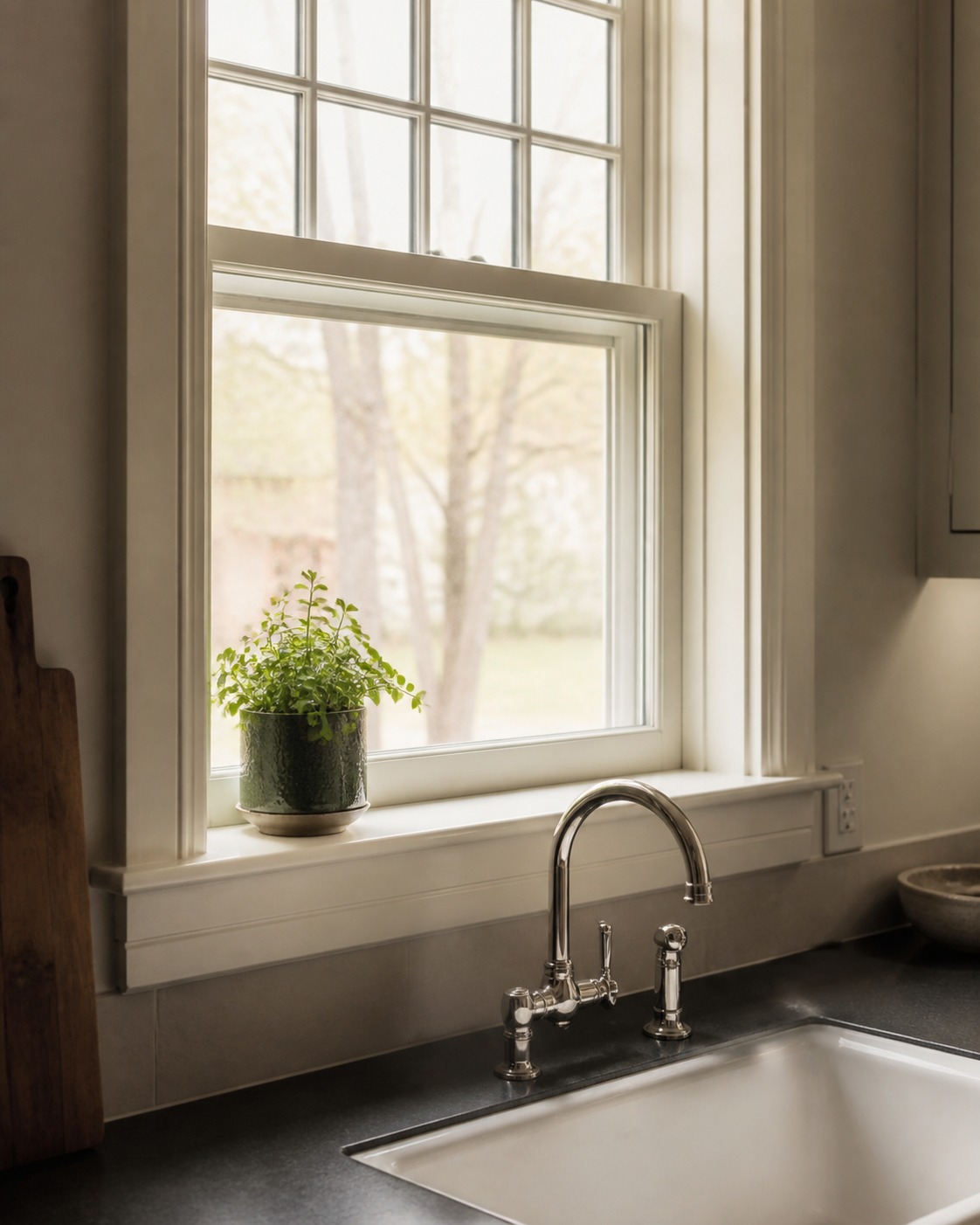Kitchen window with simple durable trim Kitchen window above a sink with simple durable trim and a small plant on the sill. | Sky Rye Design Kitchen window above a sink with simple durable trim and a small plant on the sill.
