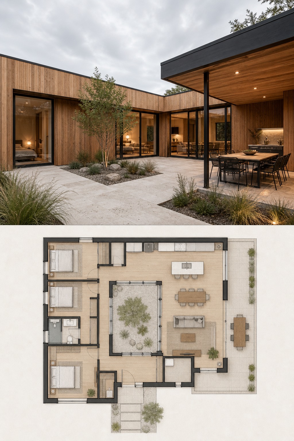 L-shaped wooden house design with courtyard layout plan L-shaped wooden house design with courtyard exterior visualization above a modern house layout plan. | Sky Rye Design L-shaped wooden house design with courtyard exterior visualization above a modern house layout plan.