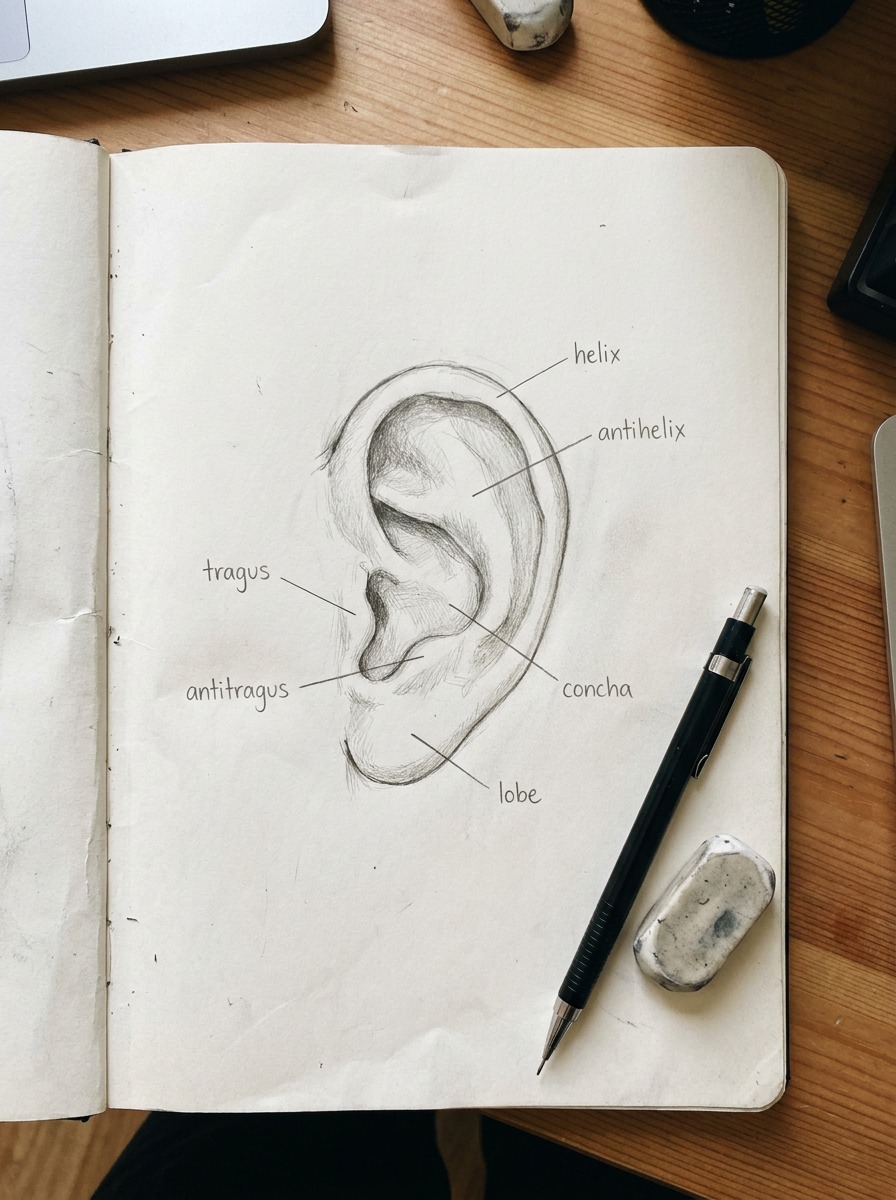 Labeled Ear Anatomy Diagram Pencil ear anatomy diagram labeled with helix, antihelix, tragus, antitragus, concha, and lobe. | Sky Rye Design Pencil ear anatomy diagram labeled with helix, antihelix, tragus, antitragus, concha, and lobe.