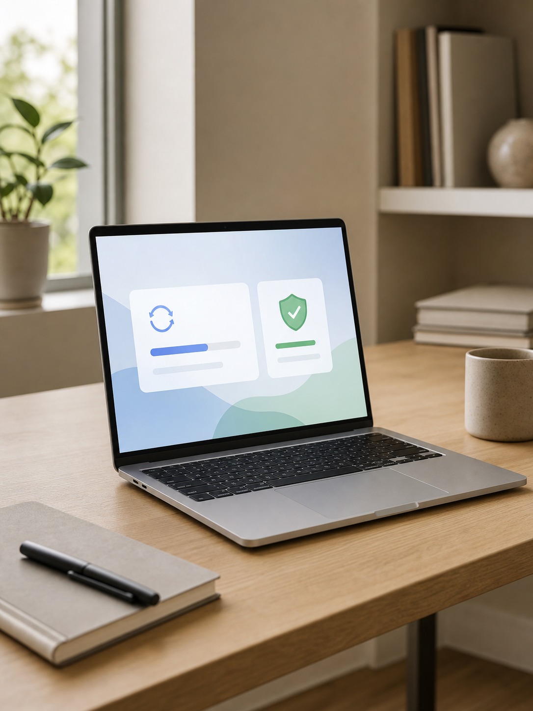 Minimal laptop screen showing a clean software update and security patch notification.
