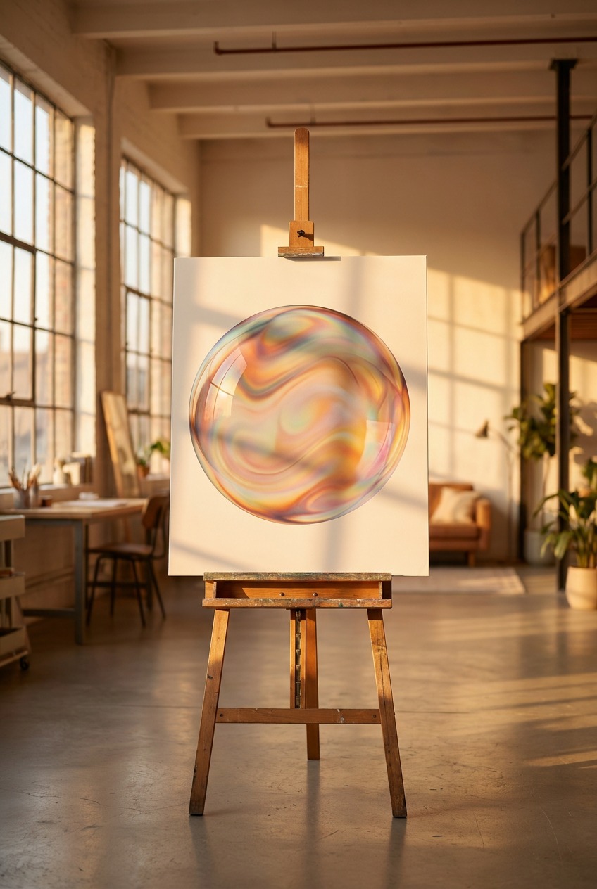 Large-format finished bubble illustration displayed on an easel in a sunlit design studio.