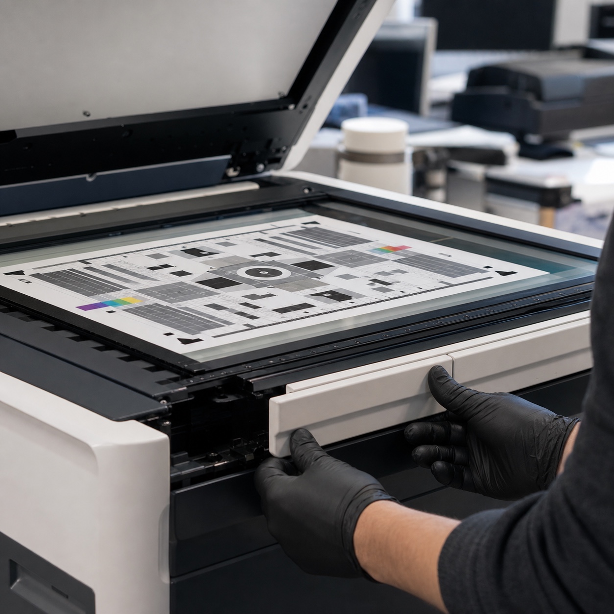 Technician servicing a large-format scanner with a calibration test sheet in a design studio