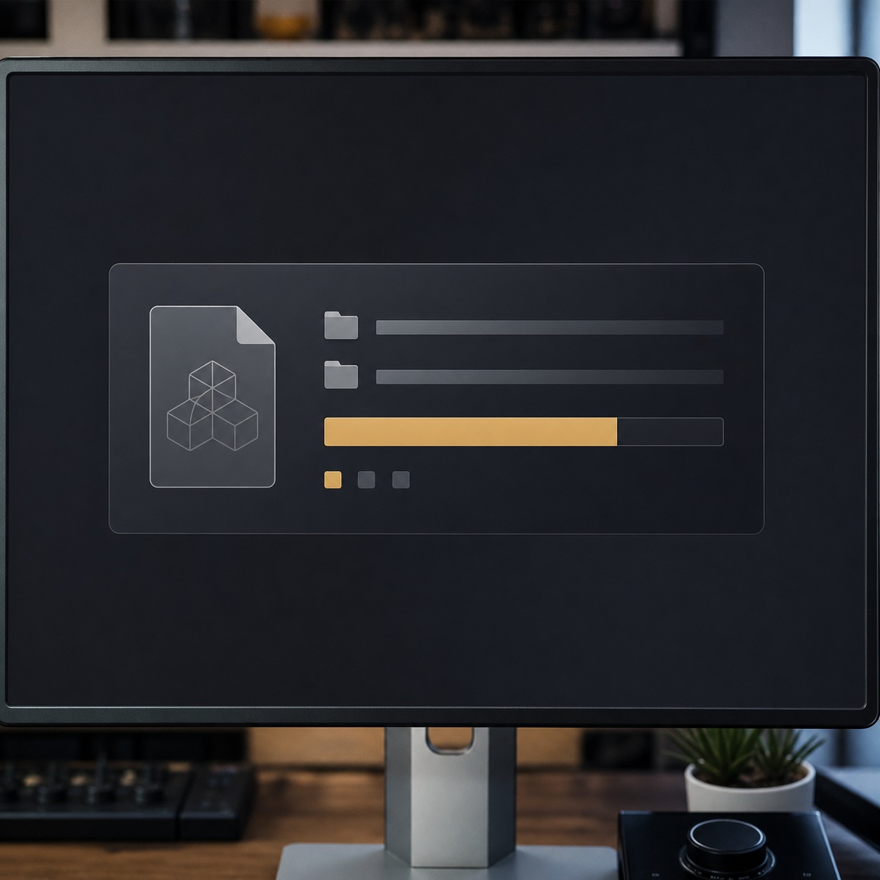 Monitor with an abstract large file transfer progress interface in a design studio.