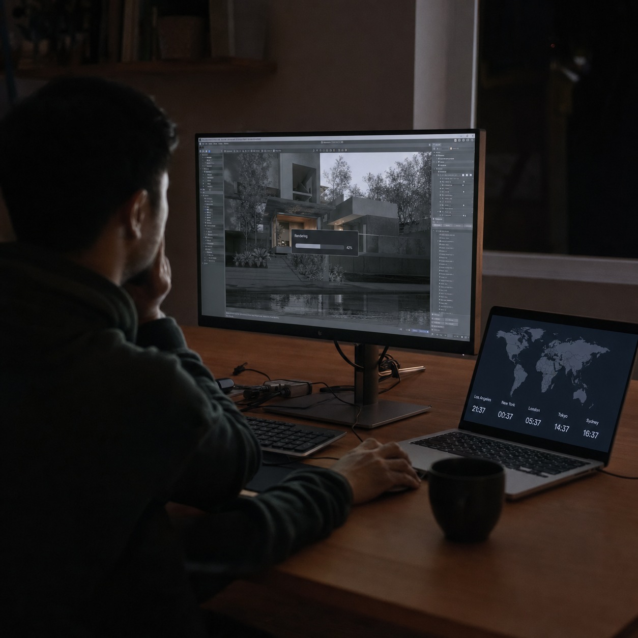 Remote IT support image prompt 1 Dezeen editorial hero Designer at a dim home desk with a render progress bar and world clocks visible on two screens. | Sky Rye Design Designer at a dim home desk with a render progress bar and world clocks visible on two screens.