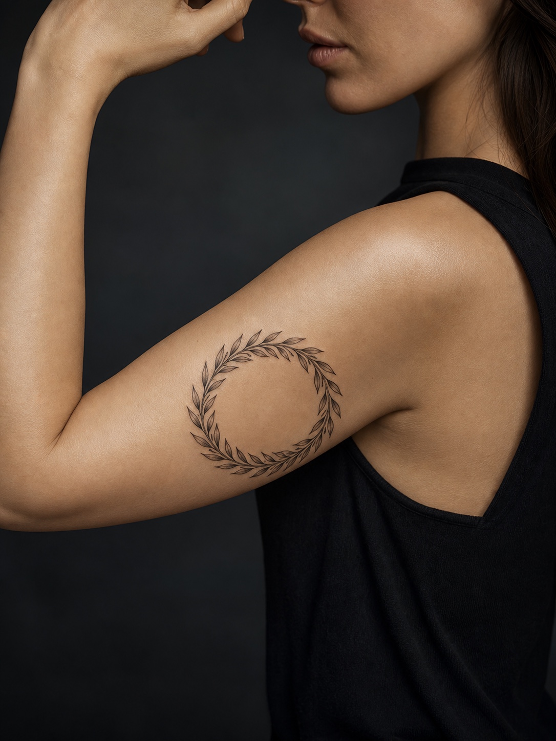 Circular laurel wreath upper arm tattoo Circular laurel wreath tattoo with fine botanical linework on the upper arm. | Sky Rye Design Circular laurel wreath tattoo with fine botanical linework on the upper arm.
