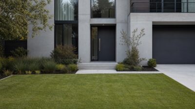 A rectangular front lawn with clean edges framing a minimalist modern house.