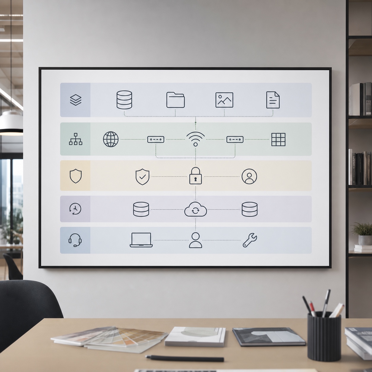 Layered IT infrastructure diagram for a design firm A large studio screen showing a layered IT infrastructure diagram for storage, network, and security. | Sky Rye Design A large studio screen showing a layered IT infrastructure diagram for storage, network, and security.