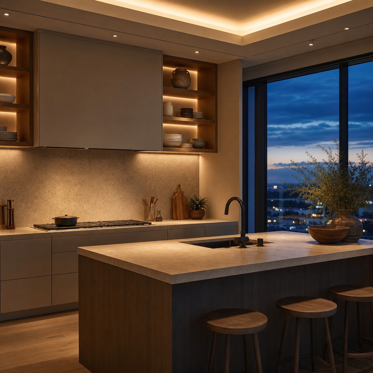 Layered kitchen lighting with open shelves at dusk layered kitchen lighting with open shelves at dusk | Sky Rye Design layered kitchen lighting with open shelves at dusk
