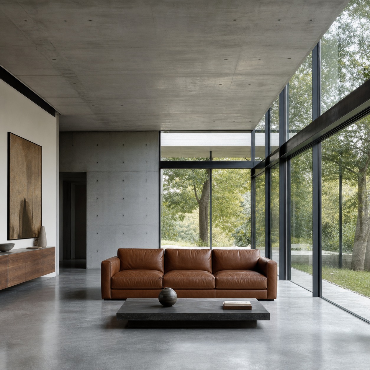 Leather sofa as an architectural living room anchor Leather sofa anchoring a large architectural living room | Sky Rye Design Leather sofa anchoring a large architectural living room