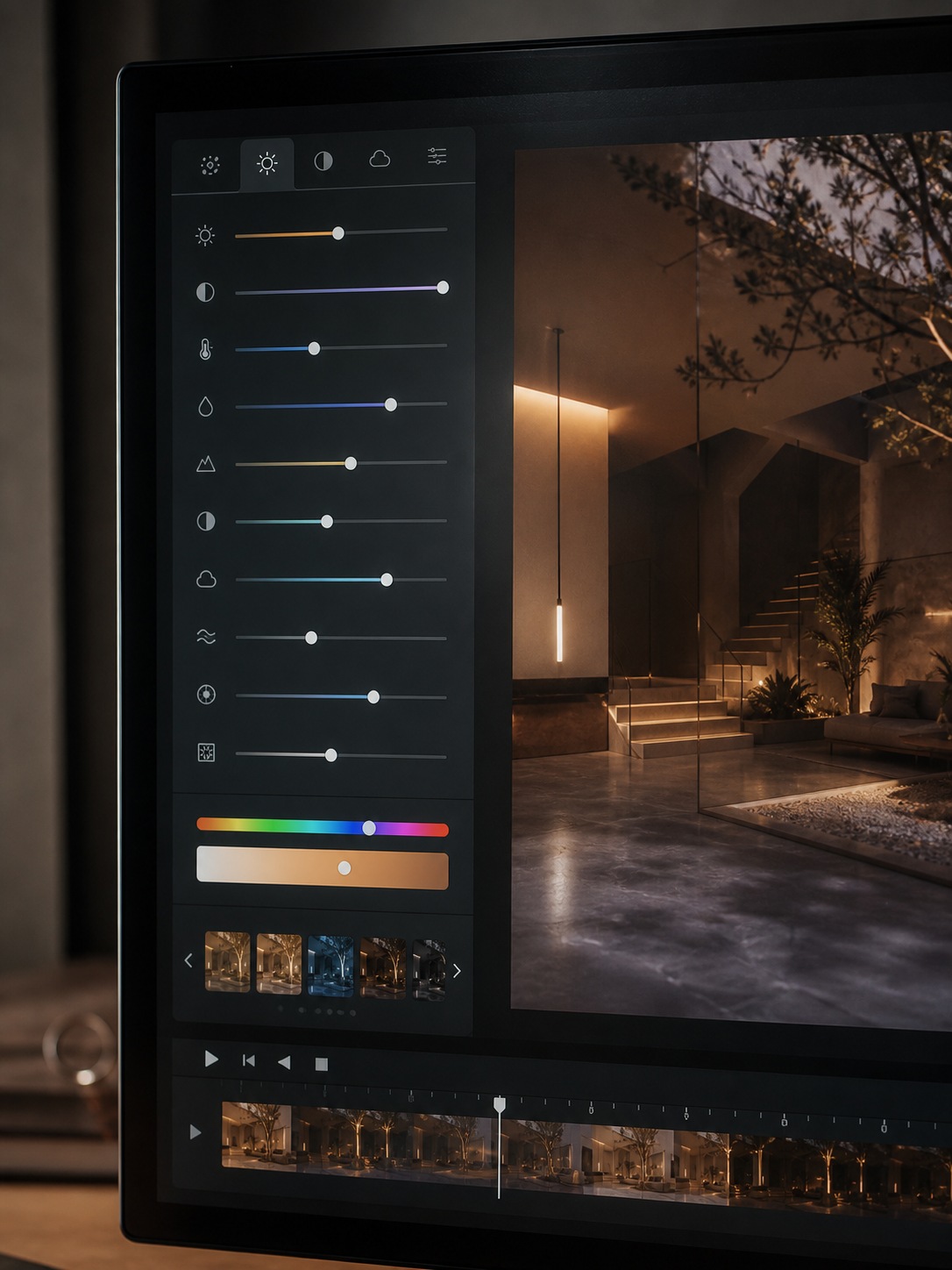 Lighting and atmosphere controls in an AI video interface A video generation interface shows lighting controls beside a warmly lit generated scene preview. | Sky Rye Design A video generation interface shows lighting controls beside a warmly lit generated scene preview.