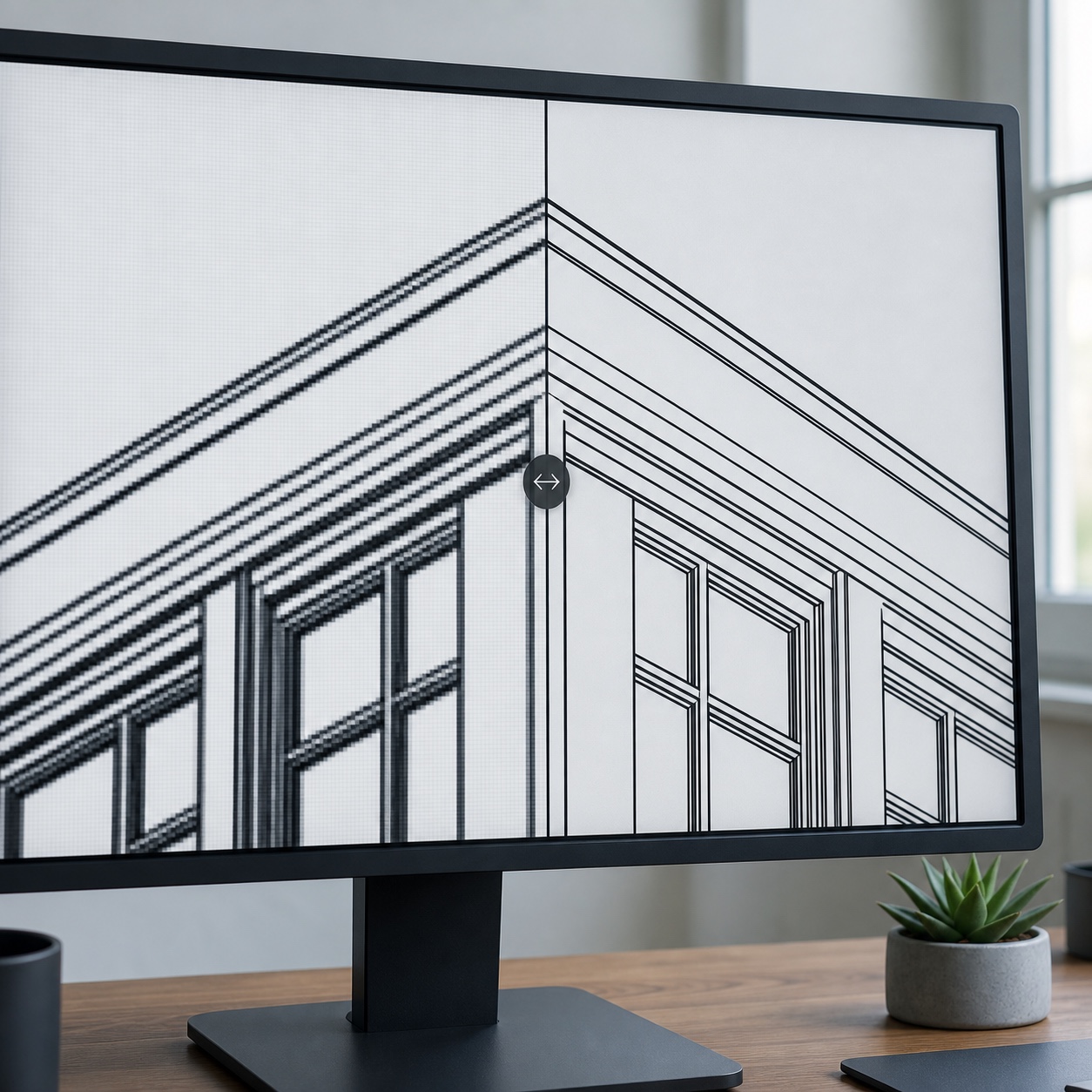 Studio monitor showing line-art edges before and after AI upscaling