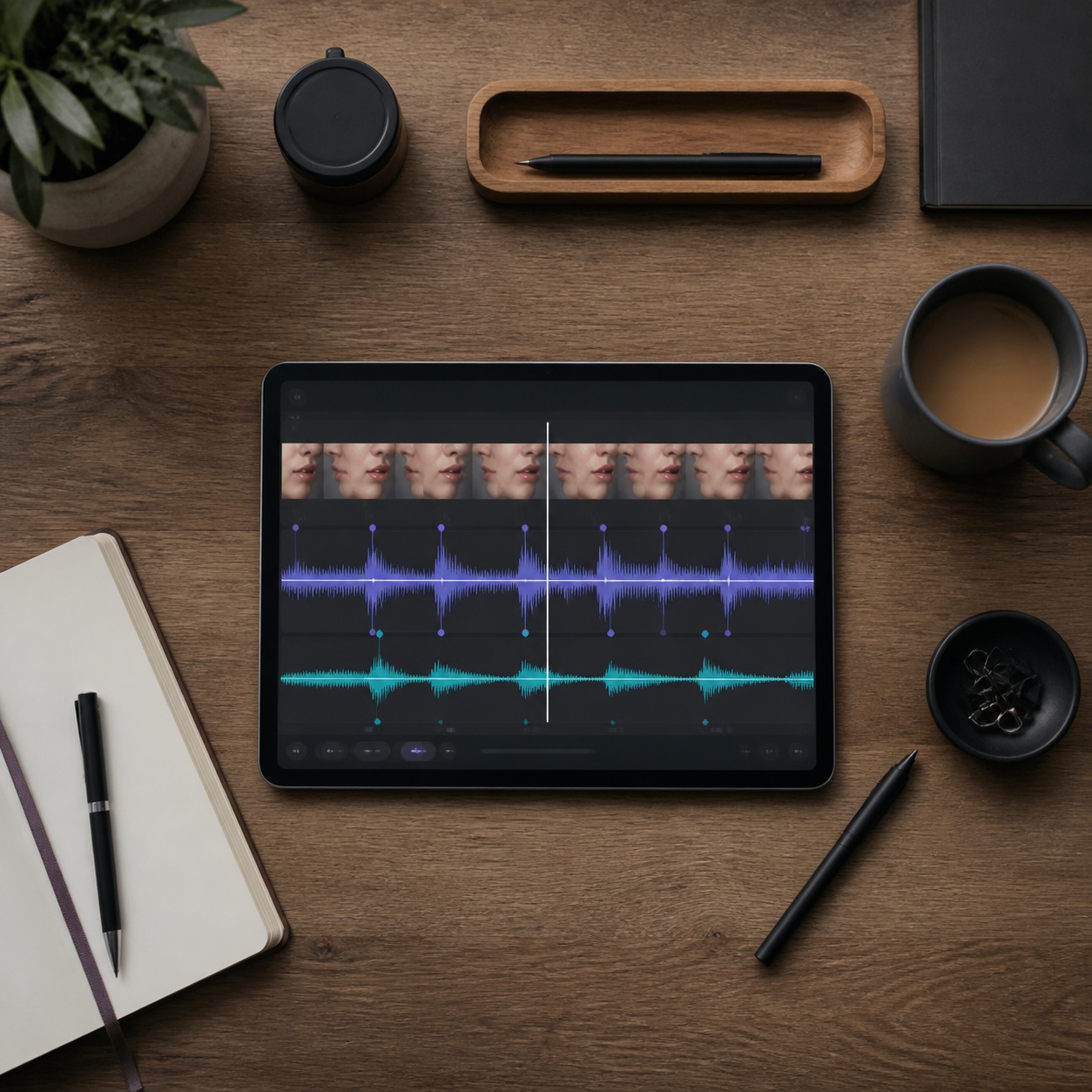A tablet showing lip sync waveform alignment on a studio desk.