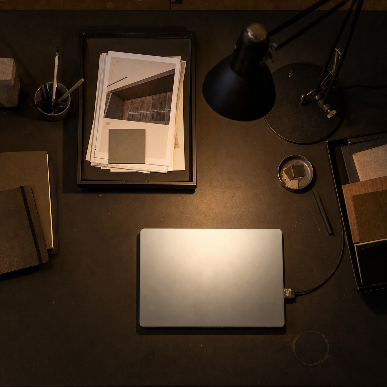 Tidy design studio desk with a closed laptop, proofs, and a warm desk lamp.