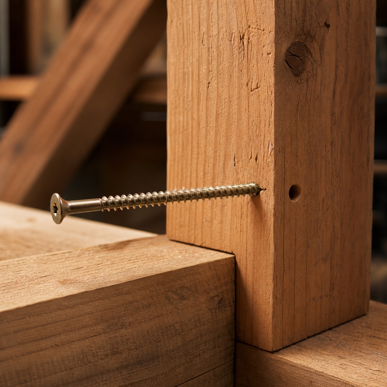 Long wood screw partially driven into timber joint Macro detail of a long wood screw partially driven through a timber joint with visible thread and wood shavings. | Sky Rye Design Macro detail of a long wood screw partially driven through a timber joint with visible thread and wood shavings.