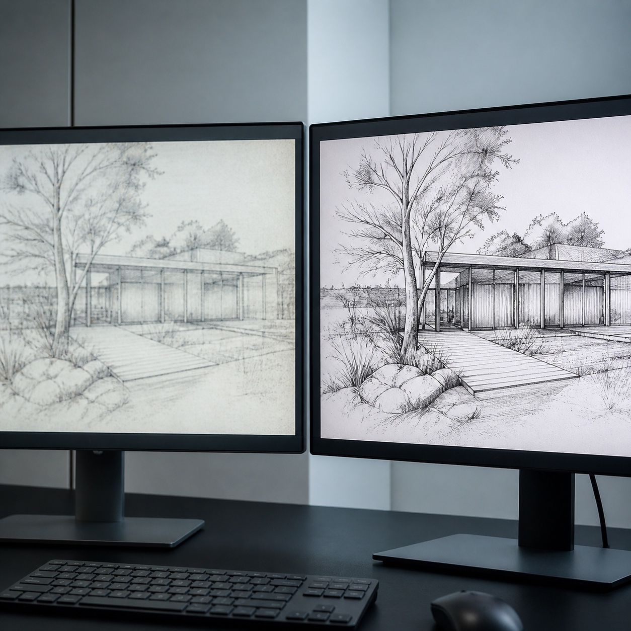 Two monitors comparing a soft low-resolution sketch with a crisp upscaled version