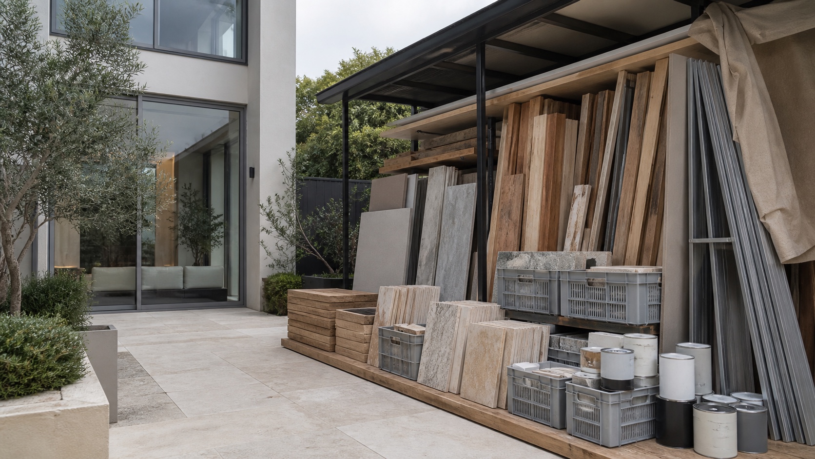 Low waste home renovation material staging with reclaimed timber stone offcuts and efficient planning