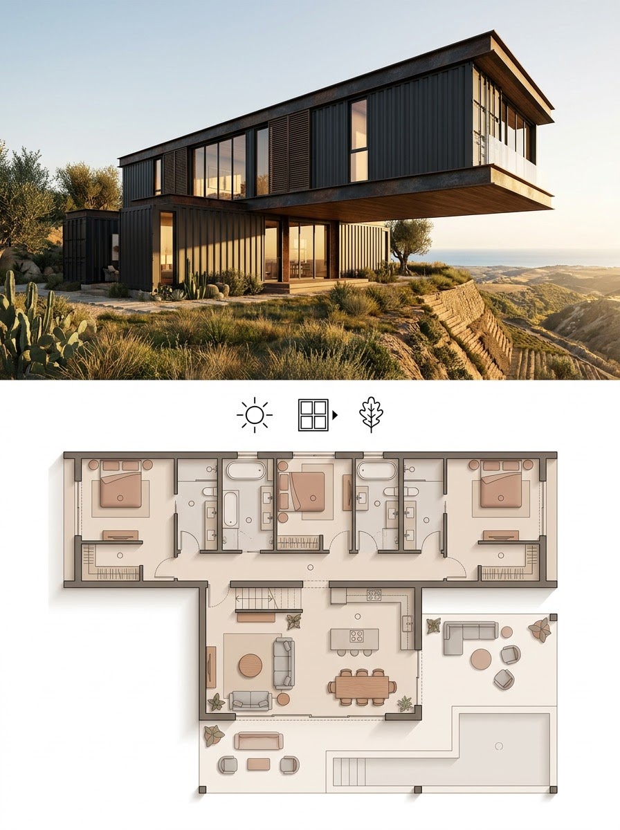 Multi-Container Luxury Villa With a Cantilevered Upper Level Multi-Container Luxury Villa With a Cantilevered Upper Level shown as a two-panel architectural board with exterior render and matching floor plan. | Sky Rye Design Multi-Container Luxury Villa With a Cantilevered Upper Level shown as a two-panel architectural board with exterior render and matching floor plan.