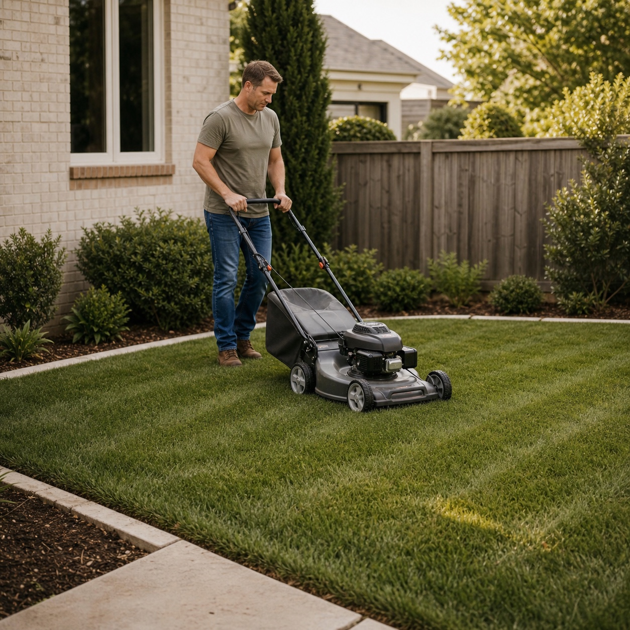 A homeowner mowing a modest, well-proportioned lawn with clean edges.