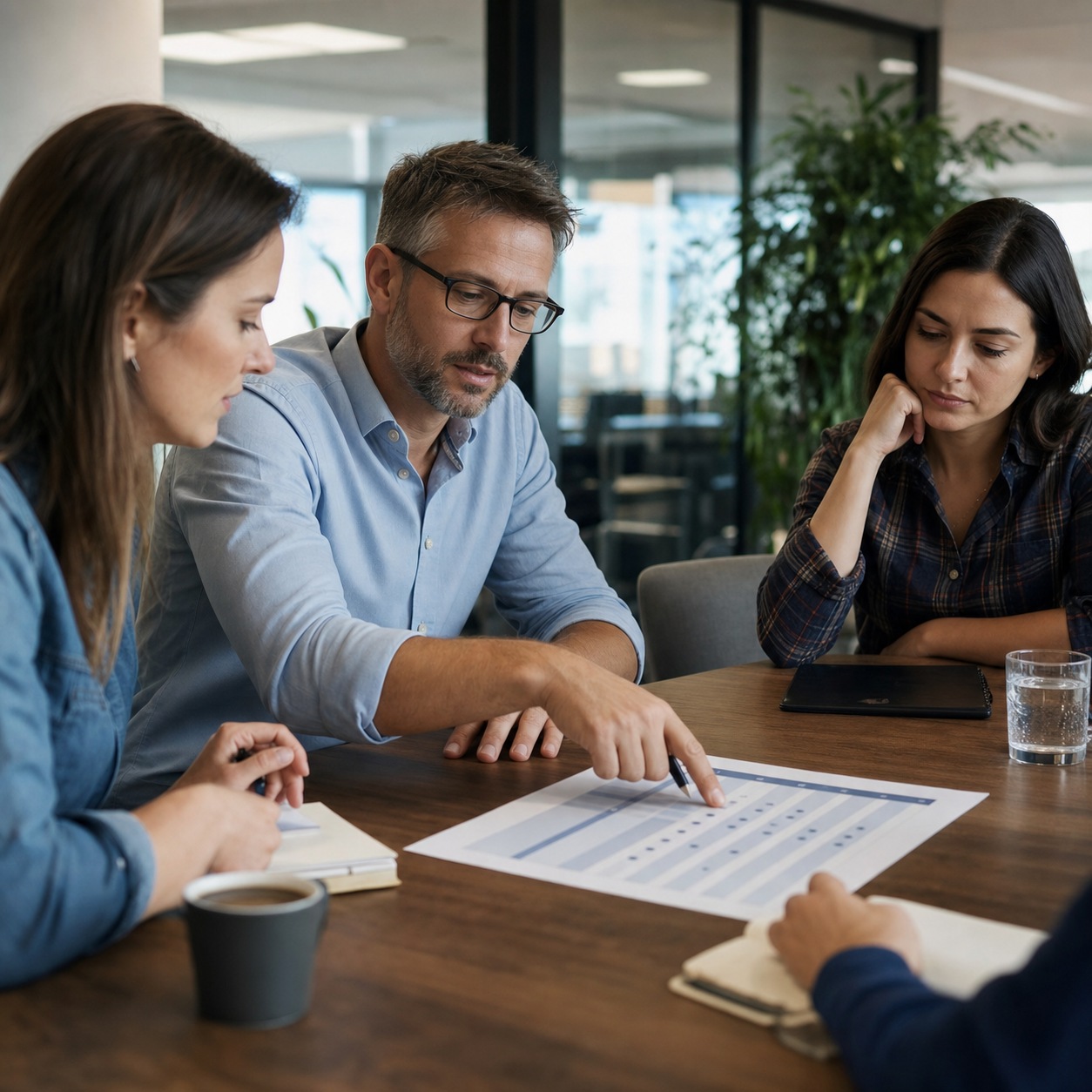 Small group reviewing an abstract vendor comparison sheet during a meeting.