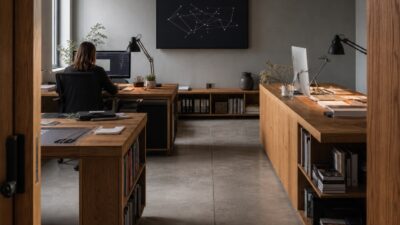 Minimal hybrid design studio with two workstations and an abstract network diagram on a wall screen.
