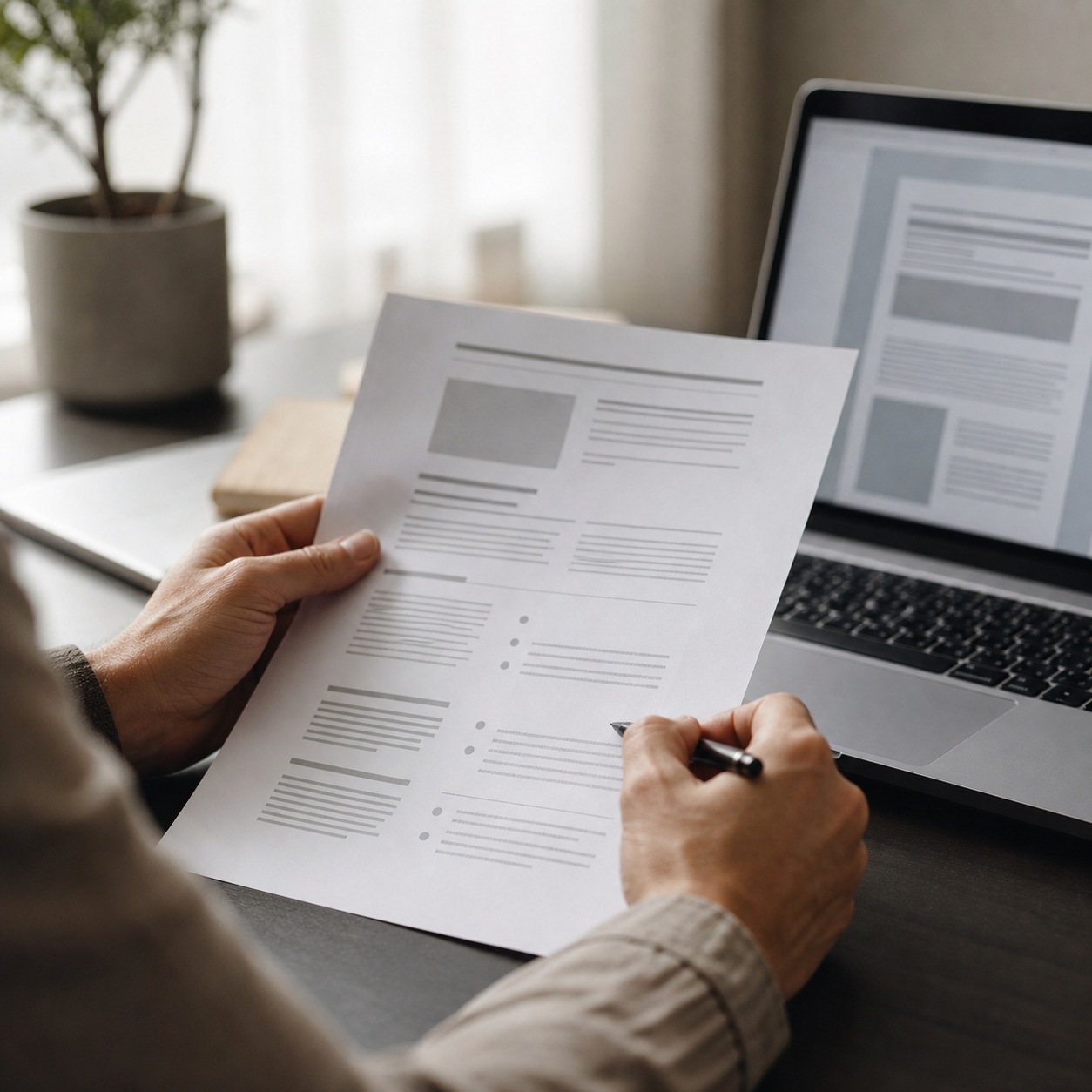 Hands reviewing an IT scope-of-work document beside a laptop in a quiet studio setting.
