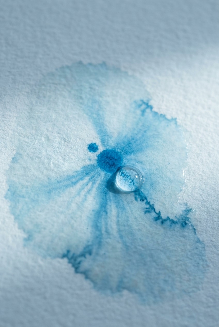 Blue marker pigment blooming into water on textured paper during a bubble drawing technique study.