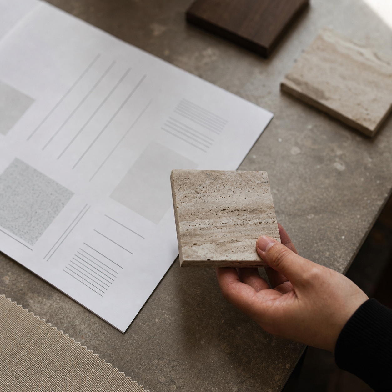 Stone sample and material spec review on site Hand holding a stone sample beside a printed material specification sheet on a dusty site table. | Sky Rye Design Hand holding a stone sample beside a printed material specification sheet on a dusty site table.