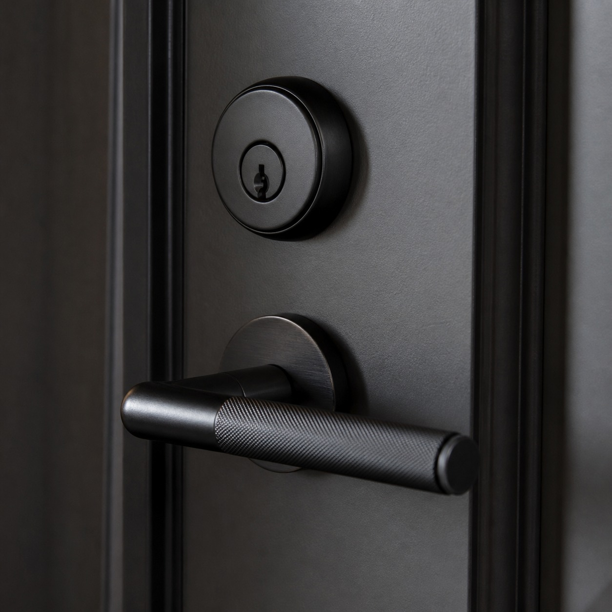Matte black front door hardware detail Matte black front door handle and deadbolt set against a painted door surface in a tight close-up. | Sky Rye Design Matte black front door handle and deadbolt set against a painted door surface in a tight close-up.