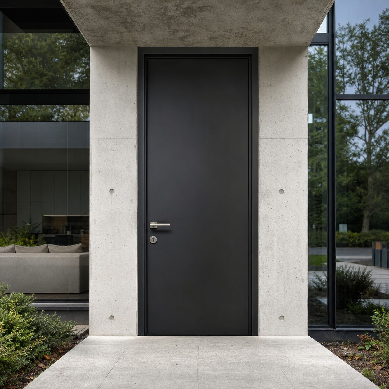 Matte black steel front door on a modern facade Matte black steel front door with a minimal frame set into a concrete and glass modern facade. | Sky Rye Design Matte black steel front door with a minimal frame set into a concrete and glass modern facade.