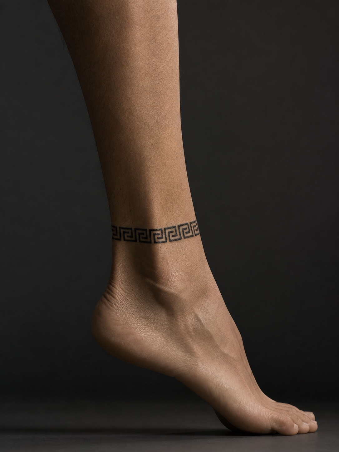 Meander ankle band Greek tattoo Greek key meander tattoo wrapping around the ankle as a clean geometric band. | Sky Rye Design Greek key meander tattoo wrapping around the ankle as a clean geometric band.