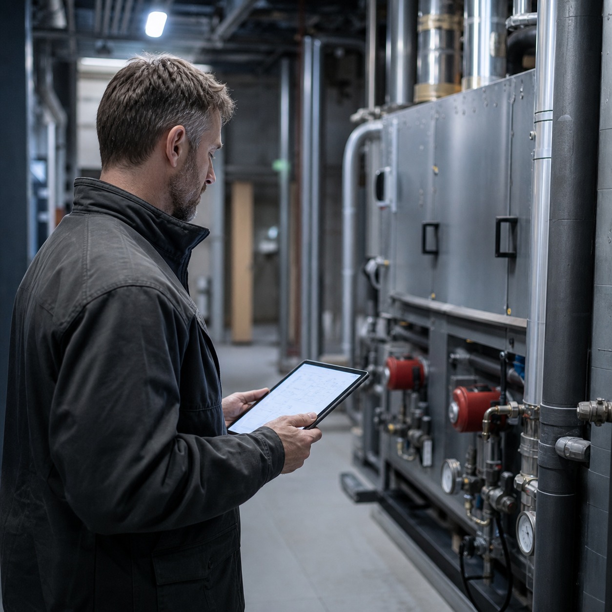 Facilities manager inspecting mechanical equipment with a tablet Facilities manager inspecting mechanical equipment with a tablet | Sky Rye Design Facilities manager inspecting mechanical equipment with a tablet
