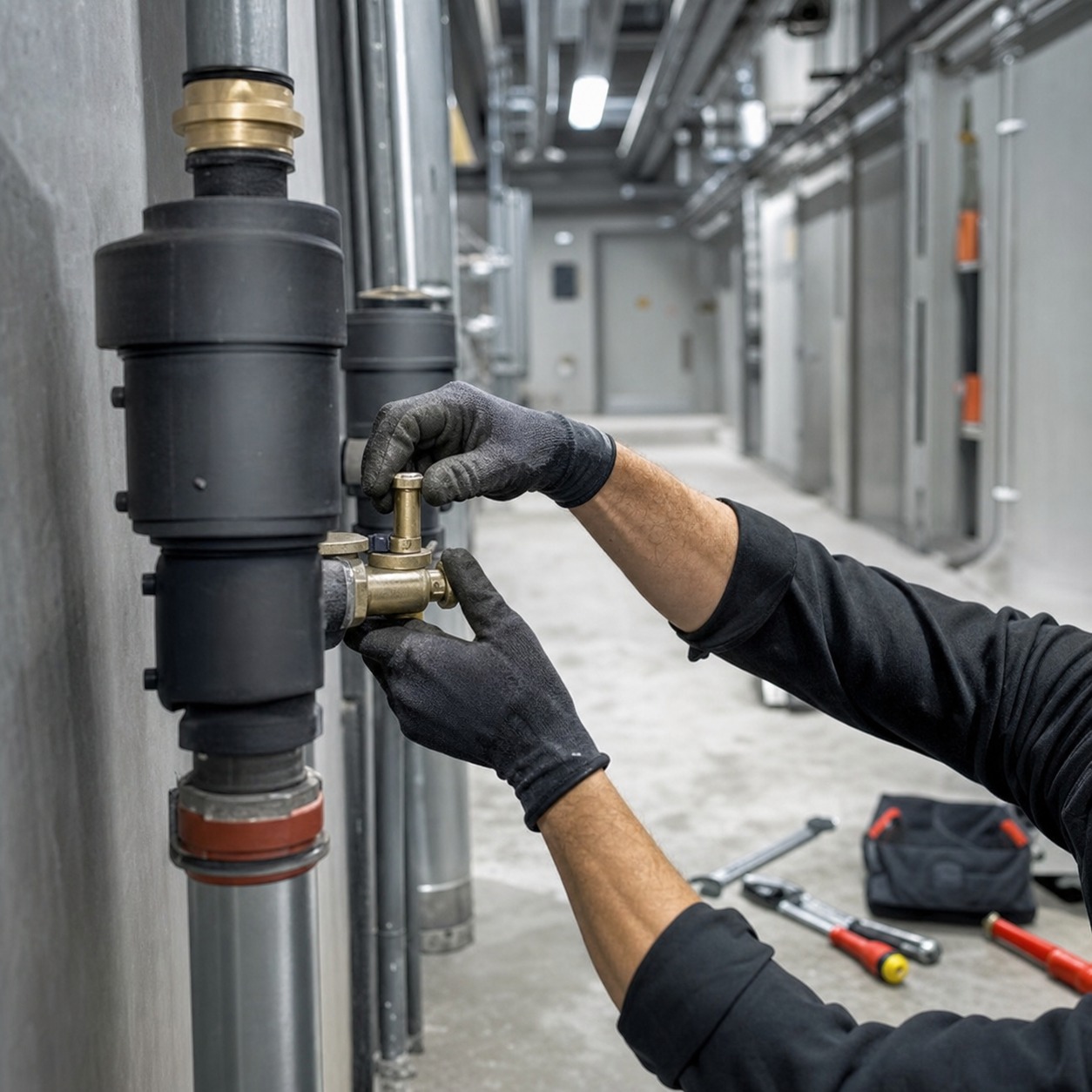 Technician adjusting a valve in an accessible mechanical room corridor Technician adjusting a valve in an accessible mechanical room corridor | Sky Rye Design Technician adjusting a valve in an accessible mechanical room corridor