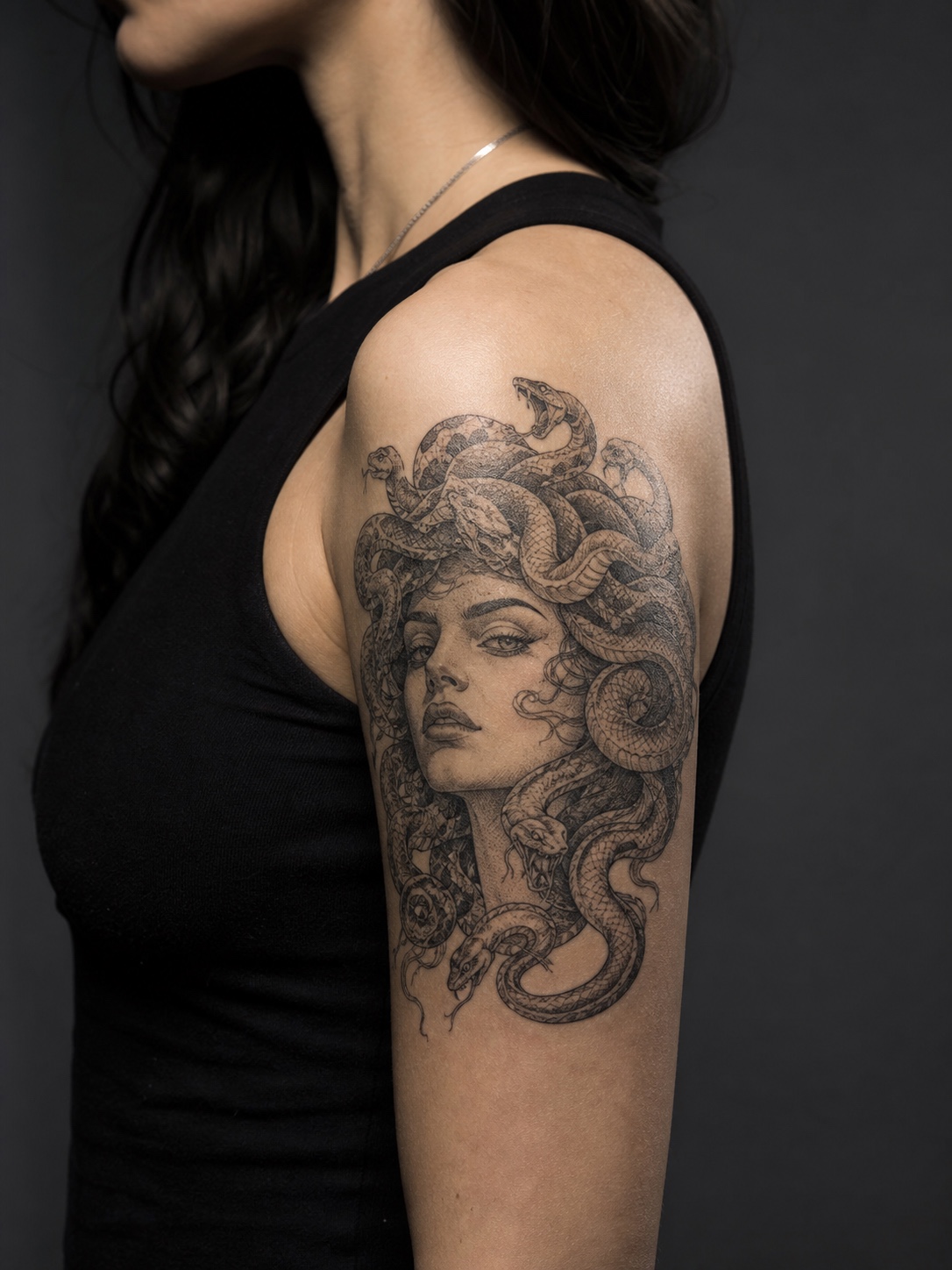 Medusa snake hair upper arm tattoo Medusa portrait tattoo with detailed snake hair on an upper arm. | Sky Rye Design Medusa portrait tattoo with detailed snake hair on an upper arm.