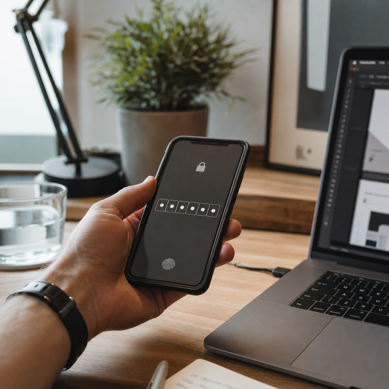 MFA login workstation Person holding a smartphone displaying a lock screen with a passcode row and a fingerprint icon on a wooden desk beside a laptop. | Sky Rye Design Designer holding a phone with a multi-factor authentication screen beside an open laptop.
