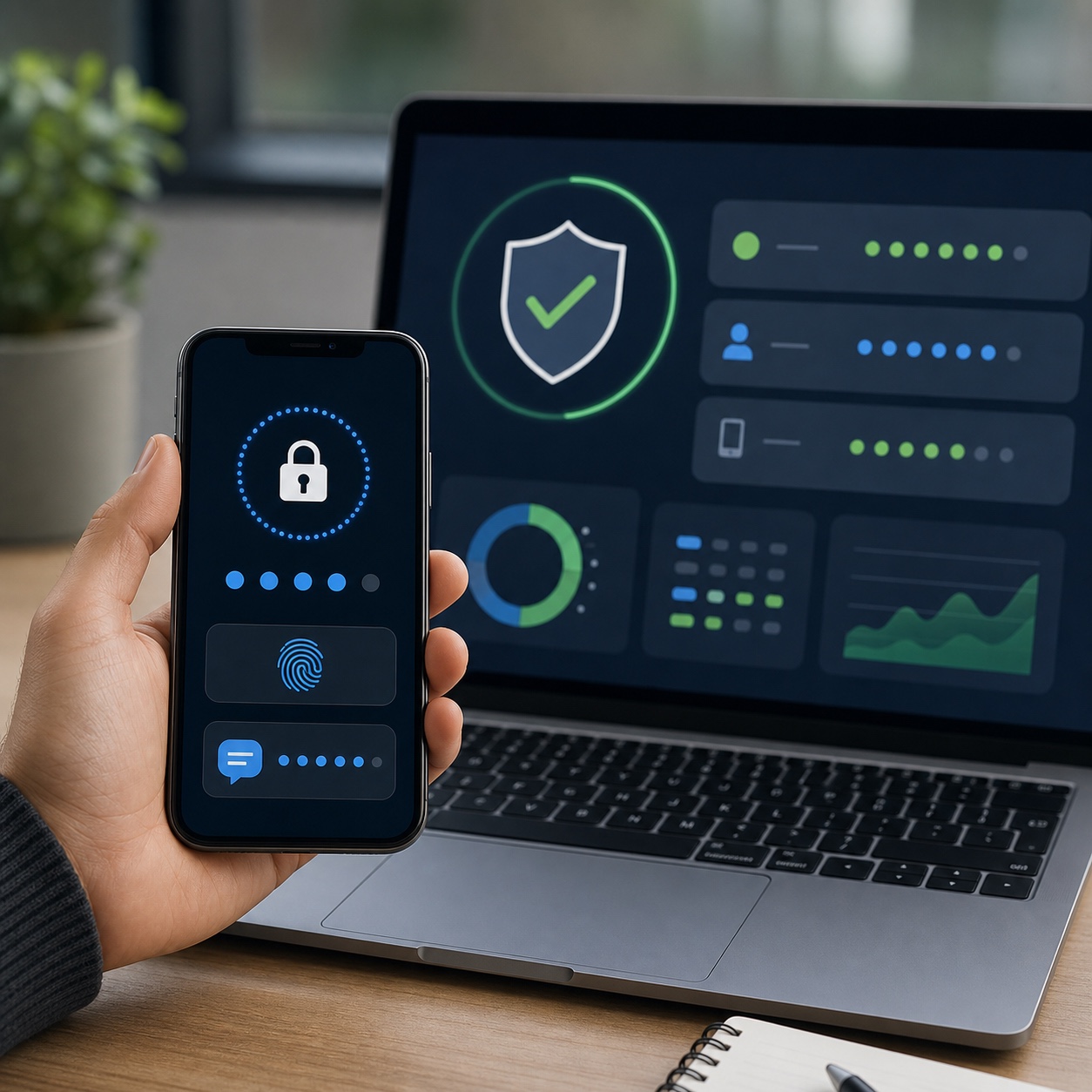 MFA and security dashboard for client files Smartphone and laptop on a studio desk showing abstract security and authentication interfaces. | Sky Rye Design Smartphone and laptop on a studio desk showing abstract security and authentication interfaces.