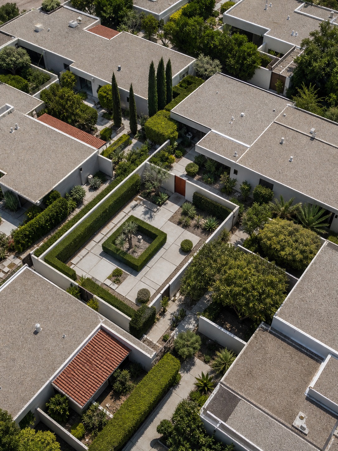 A high-angle view of a mid-century modern housing cluster with flat roofs and courtyard gardens.