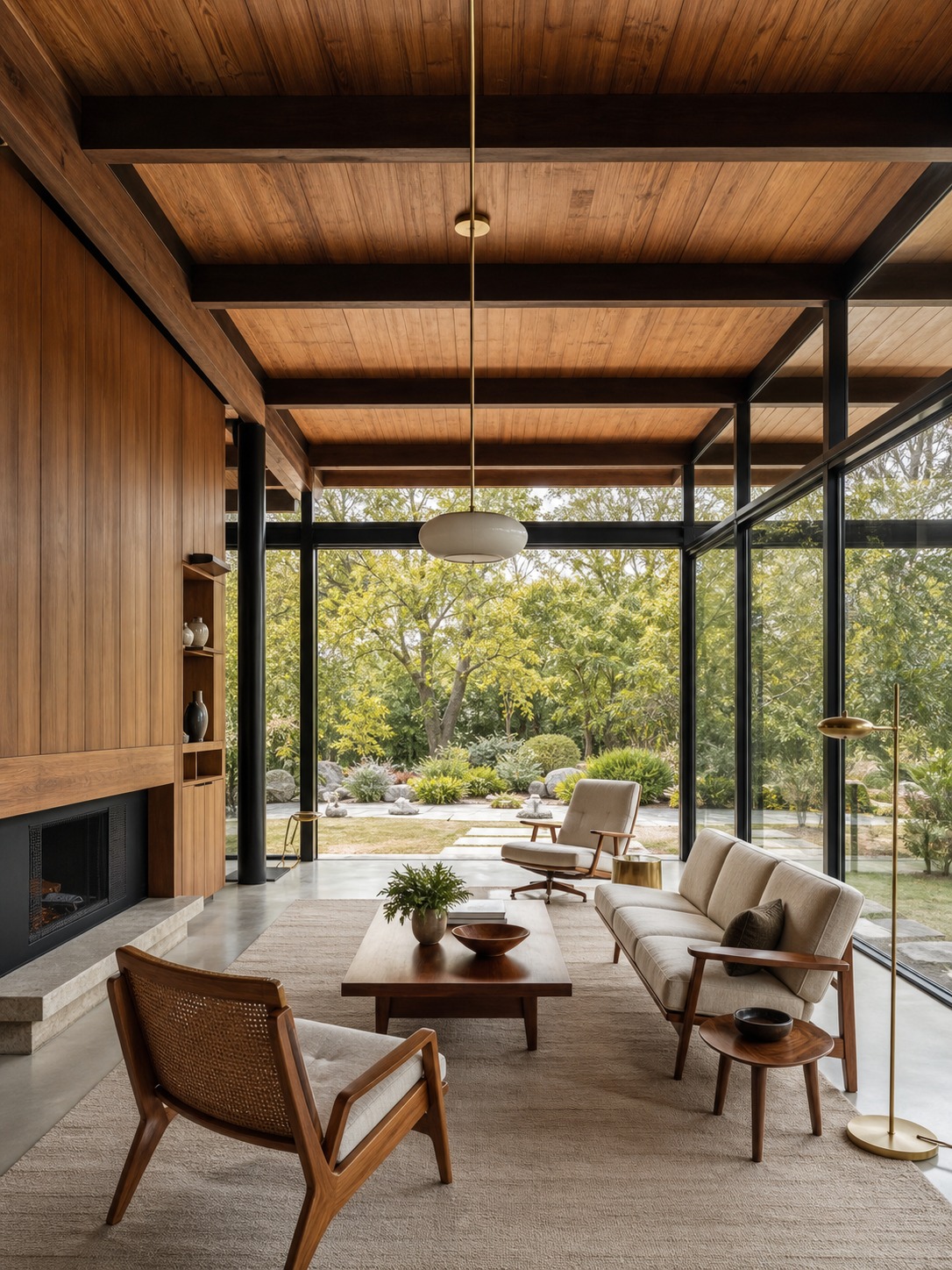 A mid-century modern living room with a post-and-beam ceiling and a floor-to-ceiling glass wall.