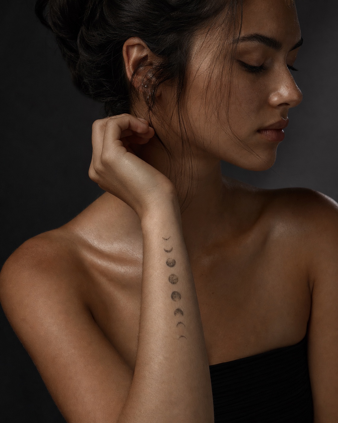 Minimalist dotwork moon phase forearm tattoo Minimalist dotwork moon phase tattoo on the inner forearm with soft healed ink texture. | Sky Rye Design Minimalist dotwork moon phase tattoo on the inner forearm with soft healed ink texture.
