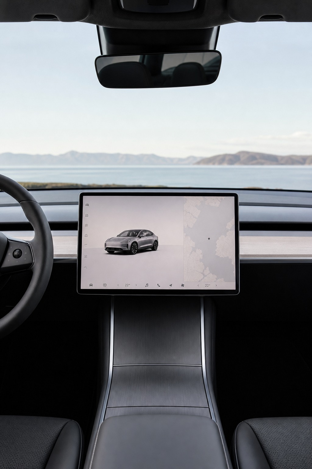 Minimalist EV cabin dashboard screen A restrained minimalist EV cabin with a large console screen integrated into the dashboard. | Sky Rye Design A restrained minimalist EV cabin with a large console screen integrated into the dashboard.